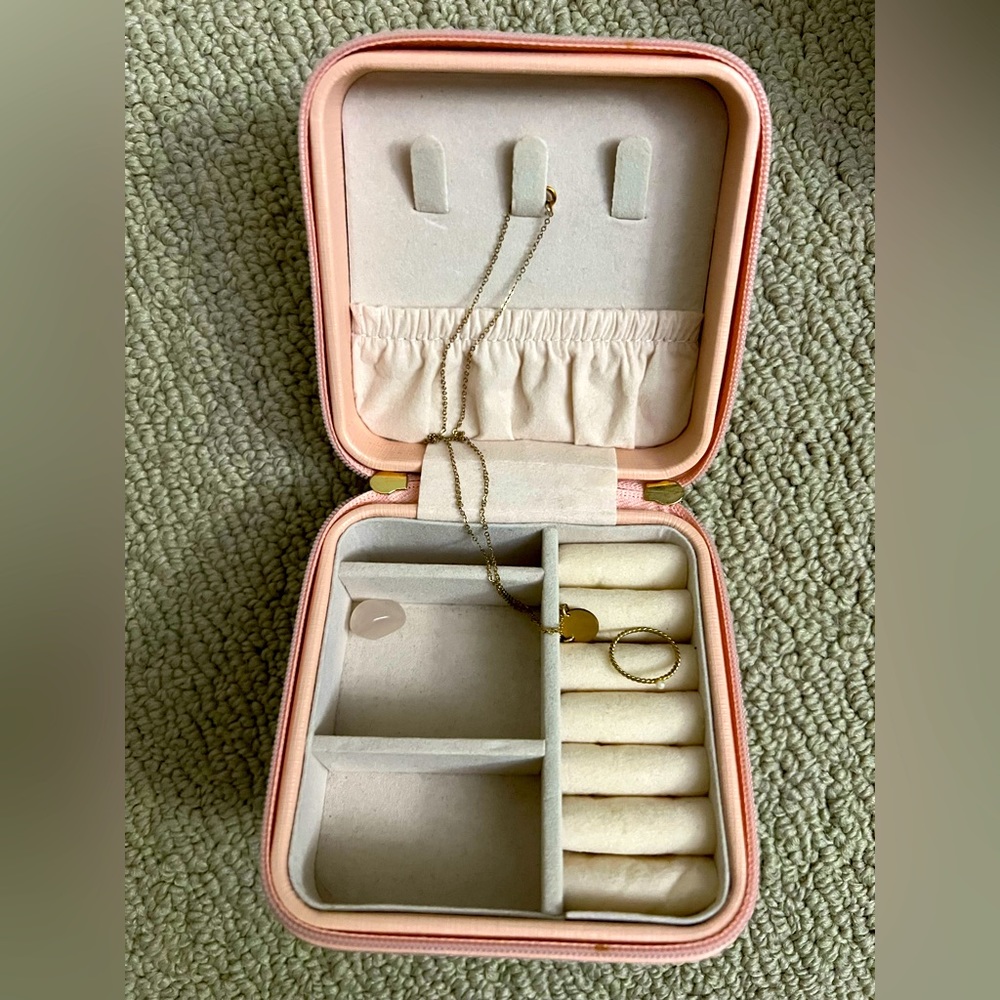 Travel Mini Jewelry Case with Gold M necklace and pinky ring with pearl